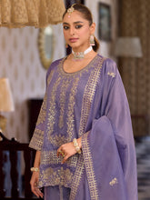 Lavender Embroidered Straight Kurta Palazzos With Dupatta Set